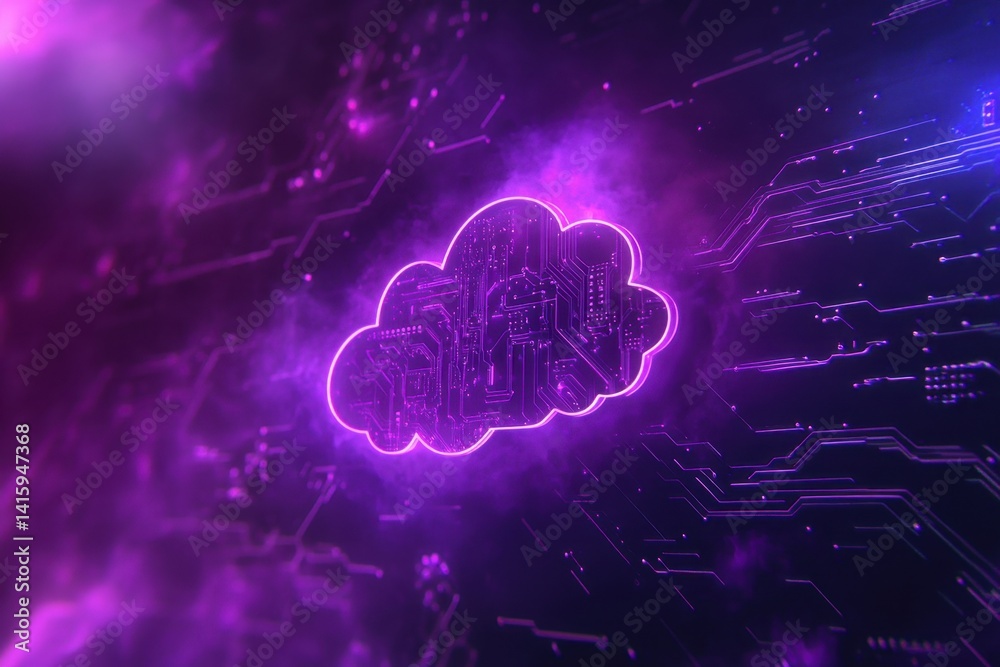 Poster purple background with cloud symbol and circuit board patterns, representing technology in the netwo