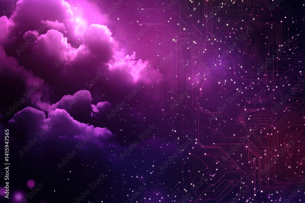 Poster a purple background with digital clouds and circuit board patterns, symbolizing cloud computing tech