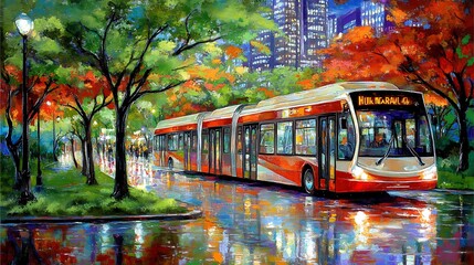 Obraz premium Rainy night city bus scene