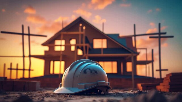 Construction scene. Architect's hard hat. Sketch of a house under development. Sunset near architectural design. Construction and engineering. Office template.
