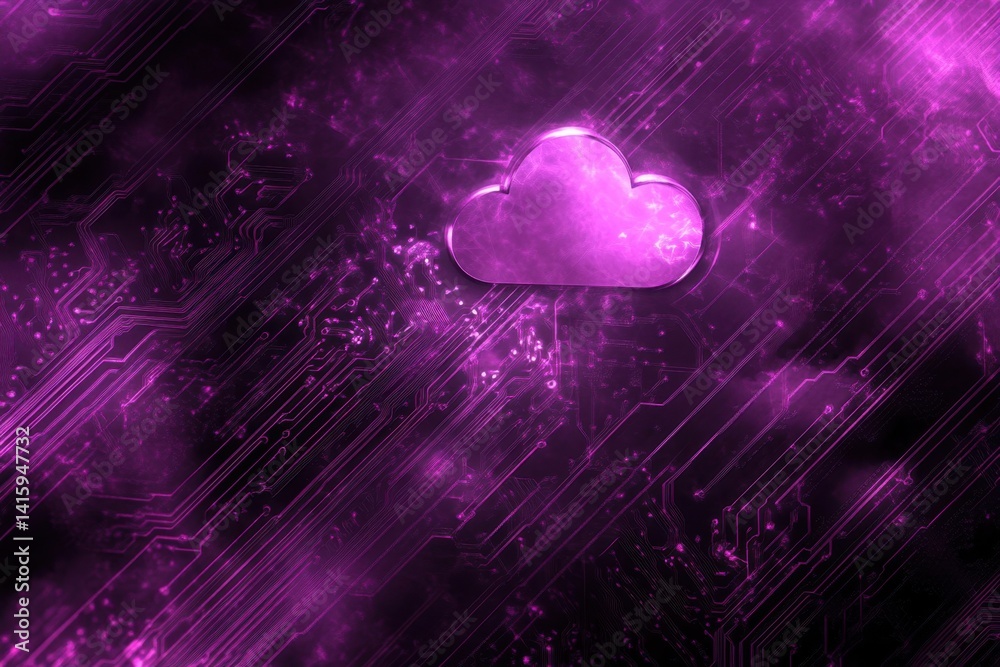 Poster purple background with cloud symbol and circuit board patterns, representing technology in the netwo