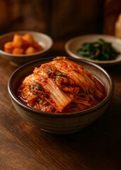 Traditional korean kimchi (fermented vegetables with chili) served in ceramic bowl on wooden table