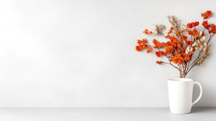 Dried orange flowers in white mug