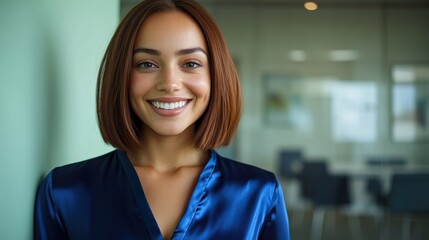 Naklejka premium Smiling Young Woman in Elegant Blue Blouse at Office Space
