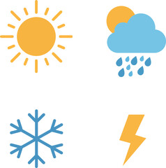 Fototapeta premium Weather icons set including sun, rain cloud, snowflake, and lightning bolt in flat colorful style vector illustration