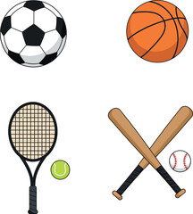 Four classic sports equipment items including soccer ball basketball tennis racket and baseball bats in flat style vector illustration