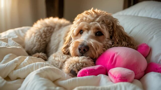 Cocapoo dog resting on a bed cuddled with a stuffed toy