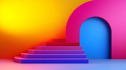 Obraz premium Colorful stairs lead to a blue opening framed by pink archway against a bright yellow background, presenting a minimalist design.
