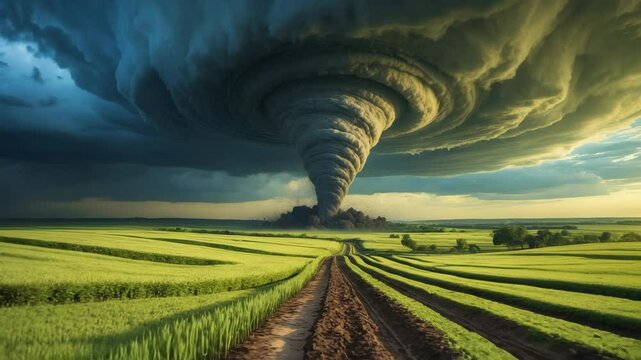 A massive tornado moving through the fields