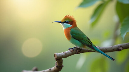 An orange and teal bird sits perched on a branch.