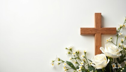 Wooden Christian cross with white flowers against muted white background. Funeral template, invitation card, sympathy concept for remembrance, mourning memorial. Religion symbol, floral arrangement
