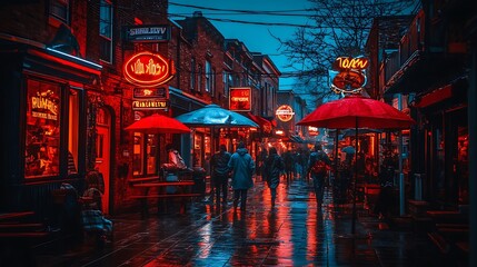 Rainy night, vibrant street scene