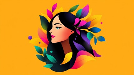 Illustrated woman is presented in profile surrounded by abstract colorful foliage against a solid golden background.