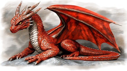 Red dragon perched on rock, wings spread