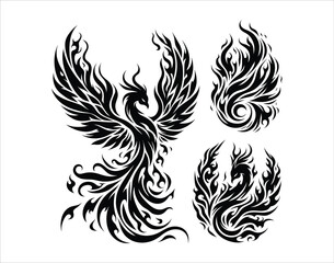 Fototapeta premium Phoenix Vector Tattoo Bundle Tribal Firebird Silhouettes in Clean Black Ink for Stencil or Flash Use