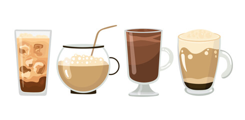 Iced latte, hot chocolate in a glass,   bubble coffee . Flat vector, clipart illustration isolated on white background.