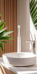 Fototapeta premium Modern electric toothbrush on the sink in a stylish bathroom with minimalist design and soft lighting. Cleanliness, morning and self-care.