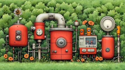 Red machinery amidst lush greenery