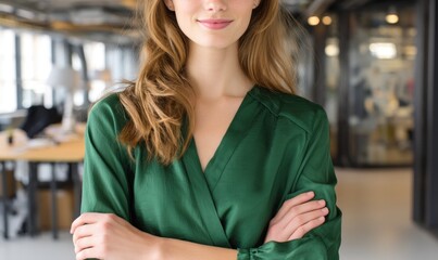 Confident woman in a green blouse, arms crossed, in an office