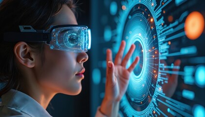 Woman interacts digital interface with virtual reality glasses. Future tech concept, metaverse, data visualization. Digital innovation, future world, artificial intelligence, modern tech, futuristic