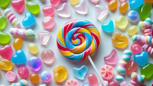 Vibrant assorted candies. Aerial perspective border on a backdrop.