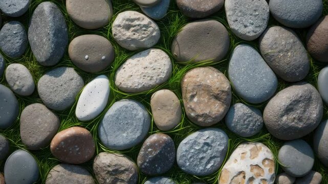 Close-up view of cobblestones next to green grass in the pavement seams, captured from above.