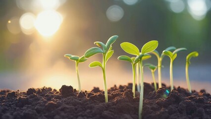 A collection of young seedlings sprouting from a rich soil under the bright sun.