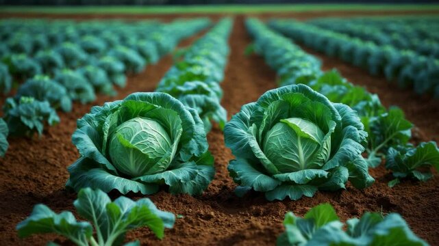 Young cabbage flourishes in the farmer's field, growing cabbage in the open field. Farming enterprise.