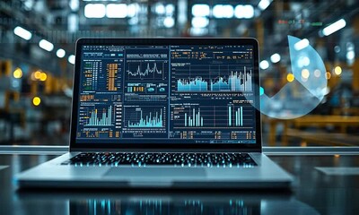 A laptop displaying financial analytics in a modern warehouse environment with charts - Powered by Adobe