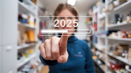 Person pointing at a digital 2025 countdown with a loading bar in a shopping aisle anticipating the future.