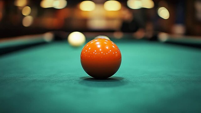 A vibrant orange billiard ball poised on a green felt pool table in a lively bar setting
