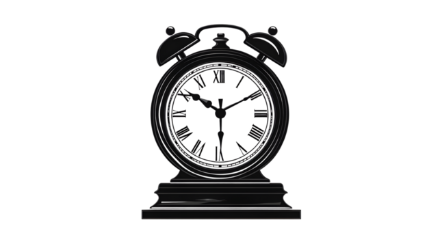 Elegant Black Alarm Clock with Roman Numerals on a Dark Background for Time Management and Deco