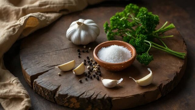 Empty wooden cutting board alongside spices and garlic in a culinary backdrop on a dark brown rustic table. Top-down angle, flat lay.