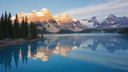 Obraz premium Reflection of mountain range on calm, blue water. Snow-capped peaks, forest, and skyline with clear skies.
