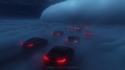 Cars on a road through a vast, surreal cloud sea at night.  Dark silhouettes of vehicles moving forward, lit by glowing red taillights.  Mysterious, ethereal atmosphere
