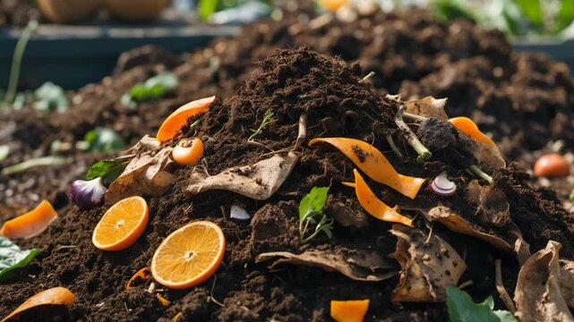 Close-up of kitchen compost featuring decaying vegetables and fruits in large piles to improve soil quality.