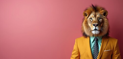 Anthropomorphic lion wearing suit, formal business attire. Lion face anthropomorphic. Professional, stylish concept for business office. Studio shot, copy space ideal for graphic design, advertising