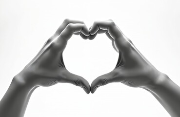 Obraz premium Two hands form heart shape with fingers touching. Hands gesture of love, care, giving. Concept of unity, connection, harmony, Valentine Day, romance, health, wellness, support, kindness. Monochrome