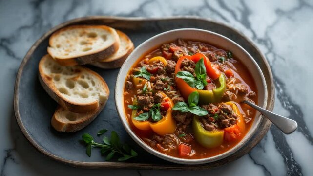 Stuffed pepper soup: A comforting blend of ground beef, sausage, vibrant bell peppers, tomatoes, and rice simmered in a rich broth, served in a bowl.