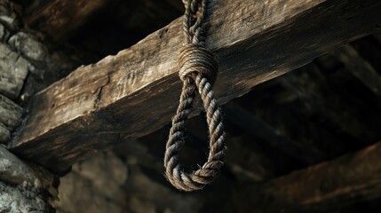 A medieval executioner&acirc;&euro;&trade;s noose hanging from an old wooden beam --ar 16:9 --v 6.1 Job ID: 335b6109-b368-4f42-af39-0a8d68b799cd