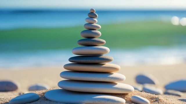 Flat pebbles stacked in a pyramid with color palette swatches on sand and a blurred sea water backdrop. Trendy pastel combination, nature-inspired colors.