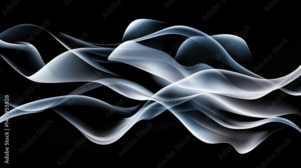Poster abstract white shapes flow across a black background creating dynamic, curving patterns that suggest
