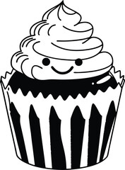 Cute Smiling Cupcake With Whipped Cream Design in Black and White Art


