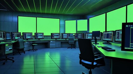 A Futuristic Control Room with Green Screen Displays for VFX and Compositing - Powered by Adobe
