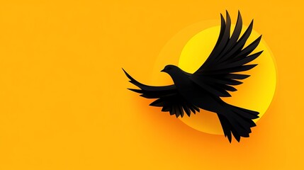 Obraz premium Black bird silhouette flies across a vibrant orange background with a yellow circular element.