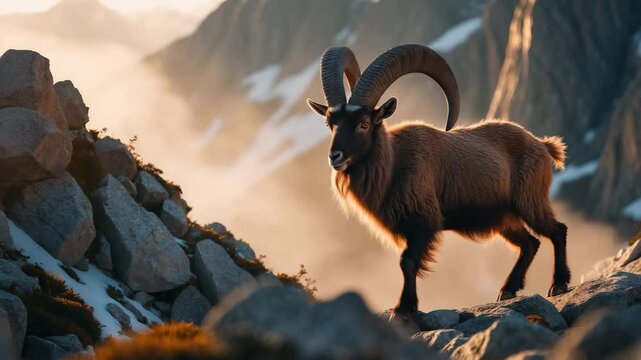 Wildlife footage of Ibex, rock goats, and steinbocks climbing mountains