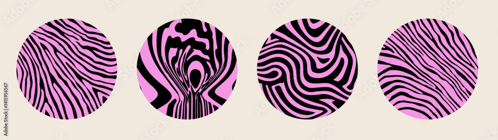 Aufkleber Set of four circular vector illustrations featuring abstract zebra stripe patterns in black and pink, creating a modern animal print design with organic, flowing lines on a light background.