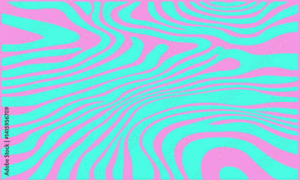 Poster abstract vector illustration featuring turquoise wavy zebra-like lines on a pink background, creatin