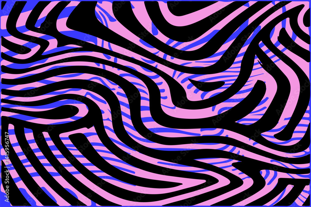 Poster vibrant abstract vector with bold black stripes over colorful neon wavy background. modern zebra-ins