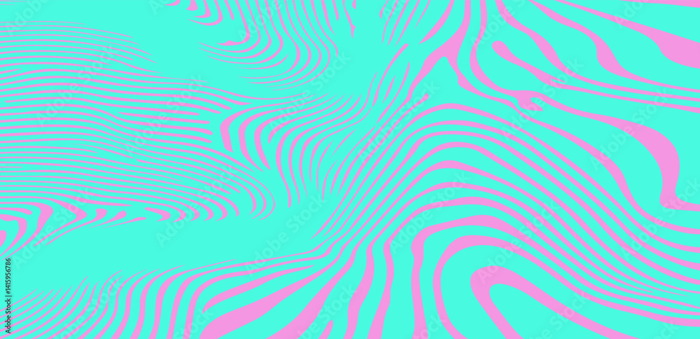 Poster abstract vector illustration featuring turquoise wavy zebra-like lines on a pink background, creatin
